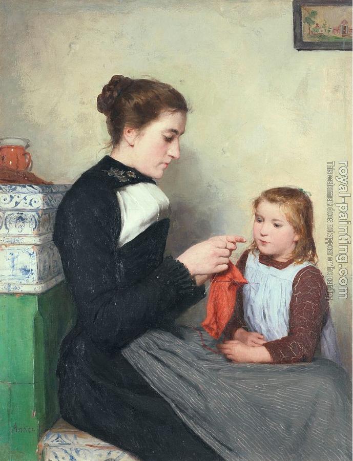Albert Anker : Knitting bernese woman with child